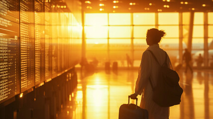 Silhouette young tourist look at flight information board with golden light at airport .