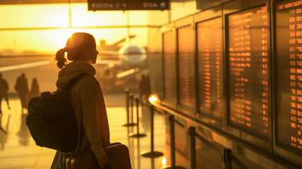 Silhouette young tourist look at flight information board with golden light at airport .