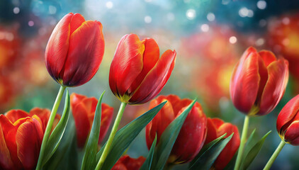 Piękne czerwone tulipany, tapeta wiosenne kwiaty - obrazy, fototapety, plakaty