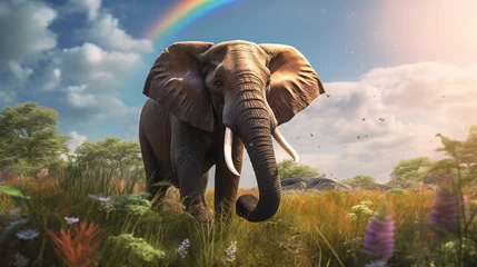 Foto op Canvas elephant at sunset walking on the grassland rainbow background © Aly