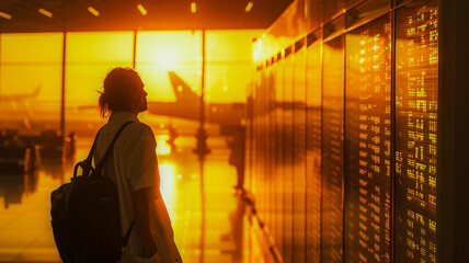 Silhouette young tourist look at flight information board with golden light at airport .