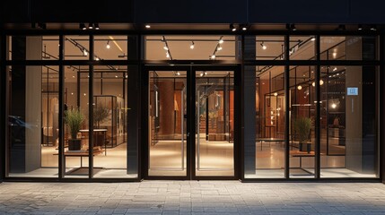 Fototapeta premium Modern entry: Glass entrance doors to a shopping center with automatic doors and reflections