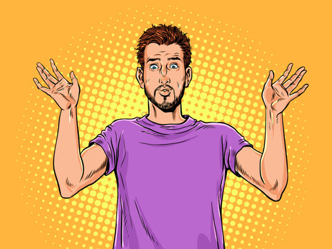 Pop Art Retro A guy in a purple T-shirt raises his hands up. Surrender to the problem that has arisen. Get scared of the situation and quit.
