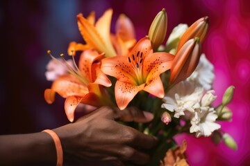Close up African American hand presents a bouquet of lilies against a vivid backdrop, a celebration of color and giving