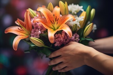 In a tender moment, a man hand presents a bouquet of lilies and hydrangeas, showcasing a closeup exchange of nature's colorful splendor