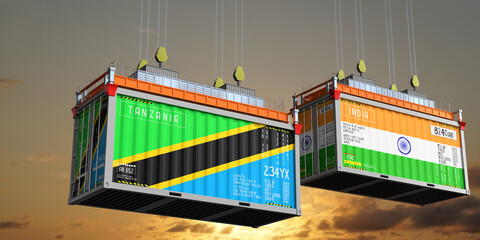 Shipping containers with flags of Tanzania and India - 3D illustration