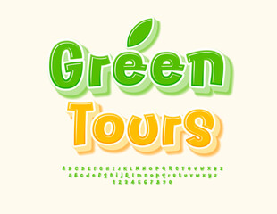 Vector eco template Green Tours. Creative Green 3D Font. Modern Alphabet Letters and Numbers set.