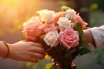 Two hands meet in a warm, sunlit exchange, passing a lush bouquet of peach and cream roses, capturing a tender moment of giving