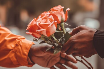close up tender moment as an African American man hand presents peach roses to partner, symbolizing the beauty of giving in everyday life