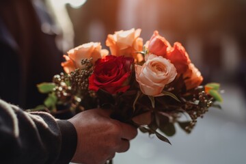 closeup of a gentle hand presenting a bouquet of stunning roses, capturing the essence of a thoughtful and romantic gesture