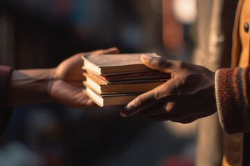 Two hands meet in a warm exchange of books, a shared connection through literature and the glow of knowledge