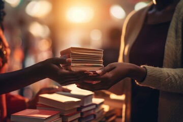 Closeup of an exchange of a stack of books between hands, a symbolic passing on of stories, wisdom, and heritage - obrazy, fototapety, plakaty