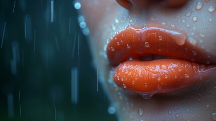 Obraz premium Close-Up of Wet Orange Lips in Rain