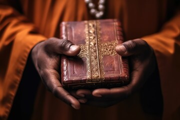Reverent man hands holding an ornate holy bible, its red and gold embossed cover glowing with history and devotion - obrazy, fototapety, plakaty