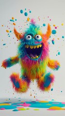 Jumping Colorful Monster with Paint Splashes in a Lively Digital Illustration