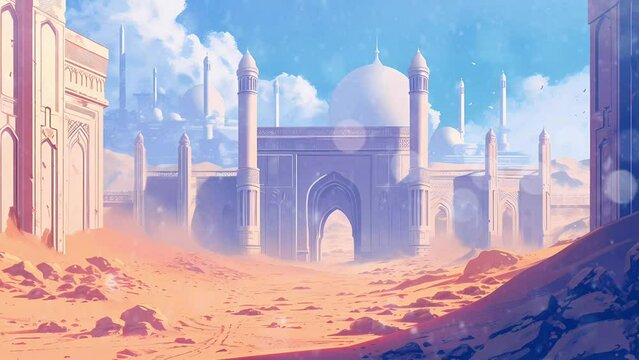 vector background with mosques and minarets to the holiday Mubarak, footage 4K Generated ai