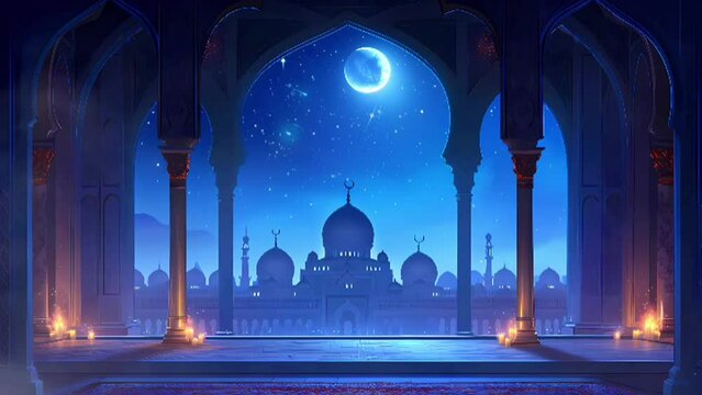 vector background with mosques and minarets to the holiday Mubarak, footage 4K Generated ai