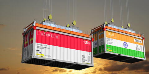 Shipping containers with flags of Indonesia and India - 3D illustration
