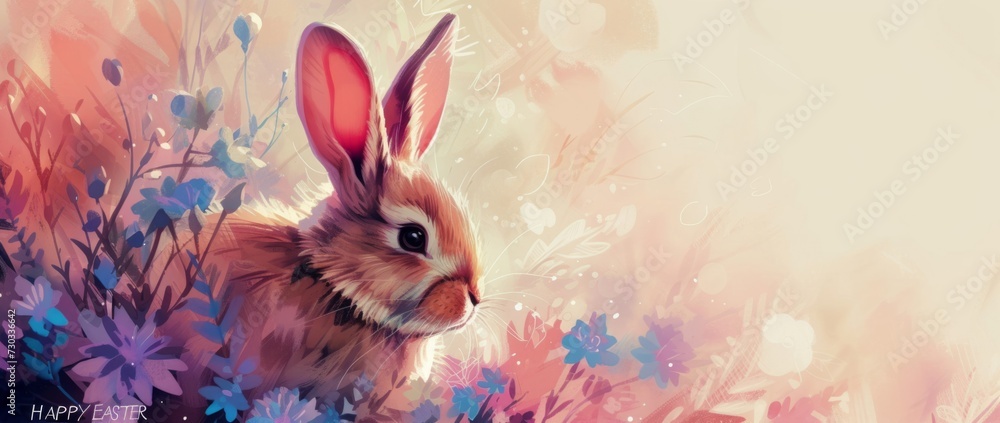 Poster cute bunny with a bright background on happy easter card image generative ai