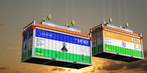 Shipping containers with flags of Lesotho and India - 3D illustration
