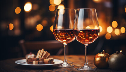 Romantic winter celebration wine, chocolate, and glowing candlelight generated by AI