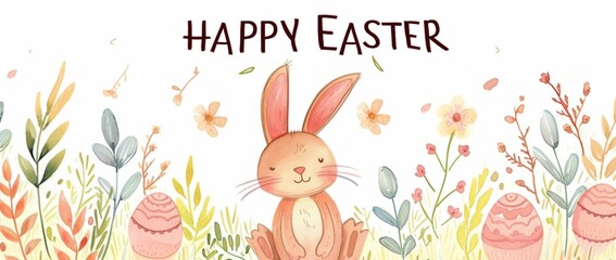 Obraz premium HAPPY EASTER a colorful Easter card featuring a cartoon rabbit Generative AI