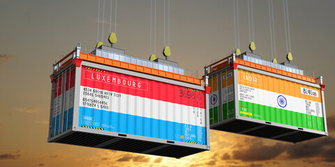 Shipping containers with flags of Luxembourg and India - 3D illustration