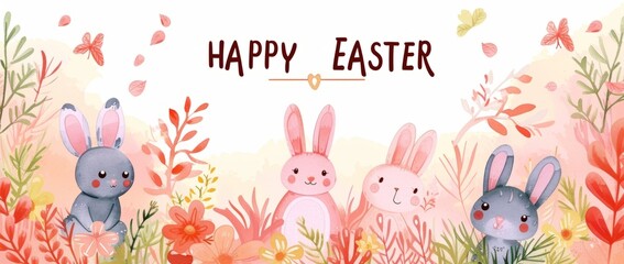 Obraz na płótnie Canvas HAPPY EASTER watercolor spring nature Easter card Generative AI