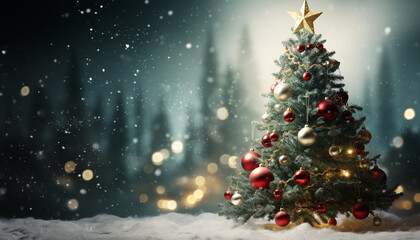 Naklejka na ściany i meble Snow covered tree shines with Christmas lights, illuminating the winter night generated by AI