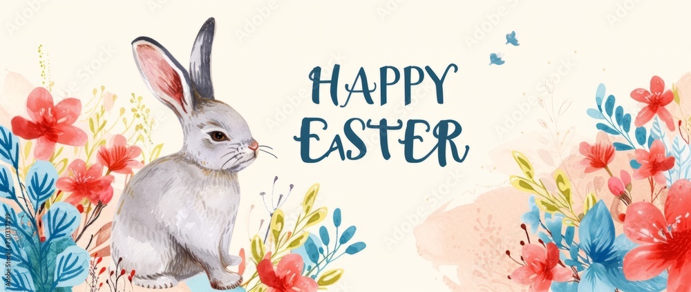 Poster cute bunny with a bright background on happy easter card image generative ai