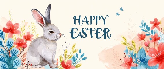 cute bunny with a bright background on happy Easter card image Generative AI