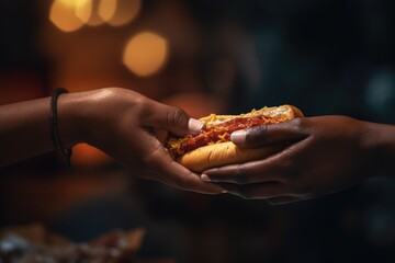 closeup of two African American hands sharing a deliciously topped hot dog, symbolizing friendship...