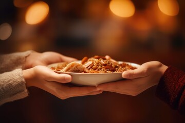 closeup one hand offers a bowl of hearty stew to another, embodying the spirit of sharing and...