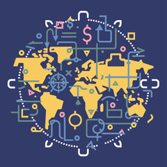 2d vector illustration colorful trading over the world map money bitcoin crypto 
