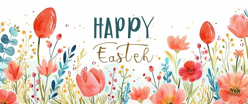 HAPPY EASTER watercolor floral background image Generative AI