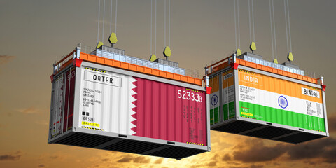 Shipping containers with flags of Qatar and India - 3D illustration