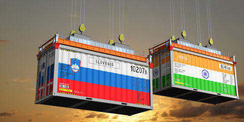 Shipping containers with flags of Slovenia and India - 3D illustration