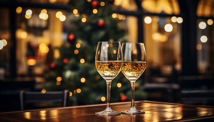 Cozy celebration, wineglass illuminated with Christmas lights, winter relaxation generated by AI