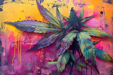 Fototapeta na wymiar Cannabis Street Art Mural, Psychedelic Painting, Rainbow Wall Graffiti, Organic Medicinal Herbs, Plant Based Health Concept Background