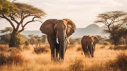 Fototapeta premium Elephants Walking Across a Dry Grass Field