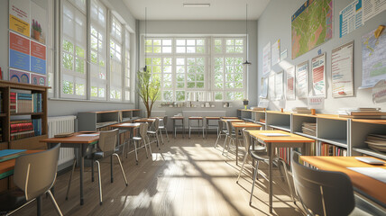 Empty classroom for students with desks