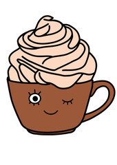 Kawaii winking coffee cup with whipped cream cute cartoon illustration