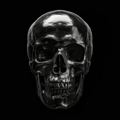 Black shiny human skull on black background