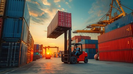 Freight logistics: Forklift handling container box, loading stacker at docks for shipment, harbor activity - obrazy, fototapety, plakaty