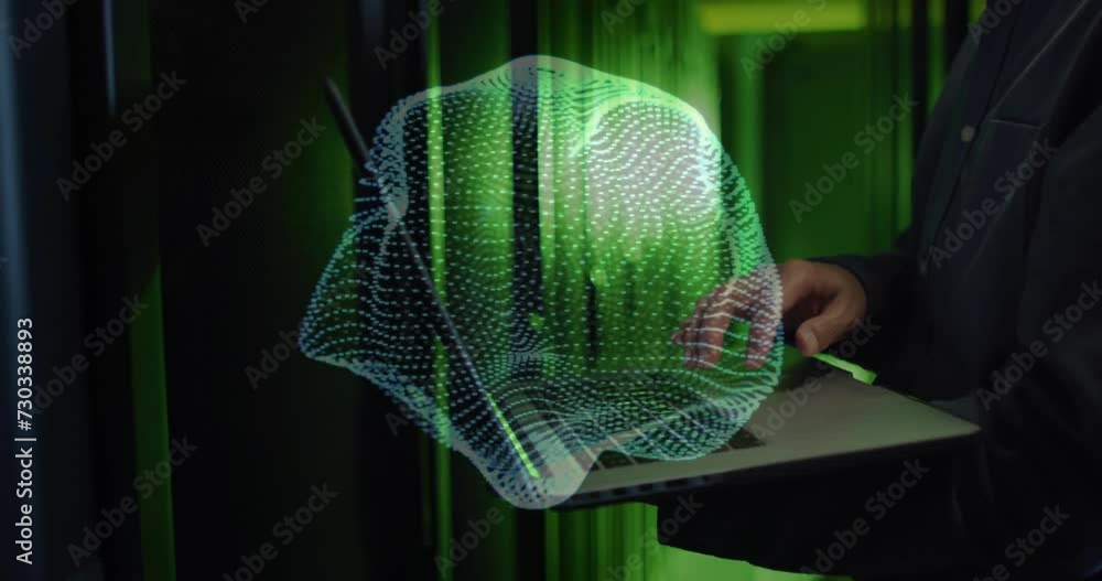 Poster animation of globe with connections over asian man using laptop by computer server