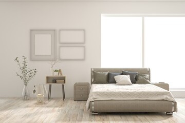 White bedroom concept. Scandinavian interior design. 3D illustration