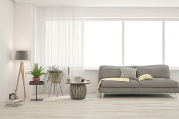 White scandinavian interior design with sofa. 3D illustration