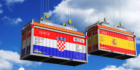 Shipping containers with flags of Croatia and Spain - 3D illustration