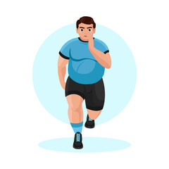 Illustration of an overweight guy working out in the gym. Fitness guy. Excess weight. Losing weight. Sport exercises.