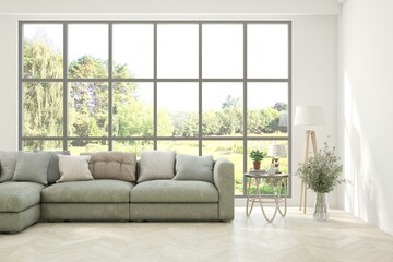 Bright interior design with modern furniture and summer landscape in window. 3D illustration